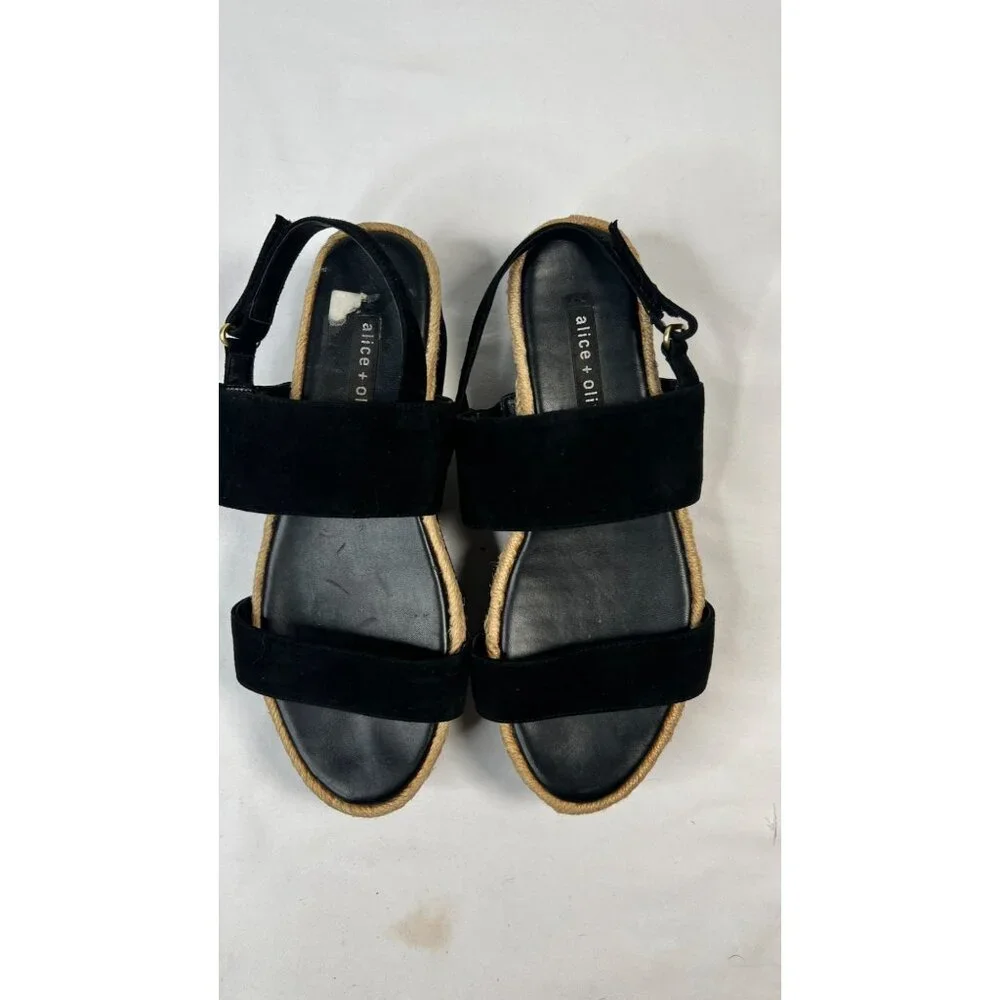 Alice + Olivia Anastasia Flatforms Suede Platform Sandals Jute Trim Black 7.5